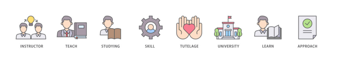 Tutoring icon packs for your design digital and printing of approach, learn, skill, university, tutelage, studying, teach, instructor icon live stroke and easy to edit 