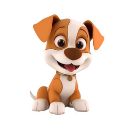 Puppy, a cartoon character dog, 3D illustration for children. A domestic animal that looks cute, adorable, and joyful on a transparent background. A charming print of a fairy-tale dog for clothing