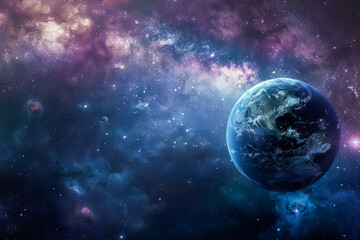 A blue and purple planet is floating in space. The sky is filled with stars and the planet is surrounded by a cloud of dust