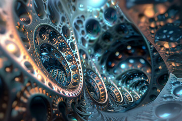 Fototapeta premium A spiral of circles with a metallic sheen. The circles are of varying sizes and are arranged in a way that creates a sense of movement and depth. Scene is one of wonder and awe