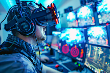 Obraz premium A man wearing a VR headset is looking at a computer monitor. The monitor displays a game with a red circle on it