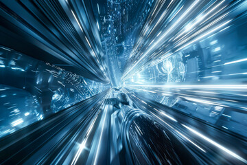 A blue and white image of a person holding a cell phone in a tunnel. The tunnel is filled with bright lights and the person appears to be in motion. Scene is futuristic and energetic