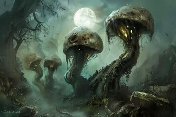 A group of mushrooms are growing in a forest with a full moon in the background. Scene is eerie and mysterious