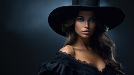 Mysterious woman in black hat and dress