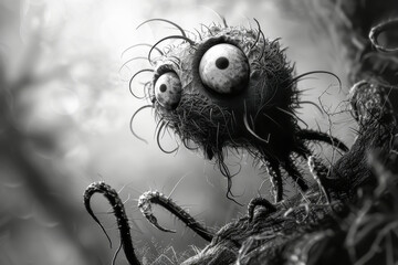 A creepy looking creature with big eyes and a messy appearance. The image is black and white, giving it a creepy and unsettling vibe