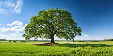 Fototapeta premium Majestic oak tree in lush green meadow