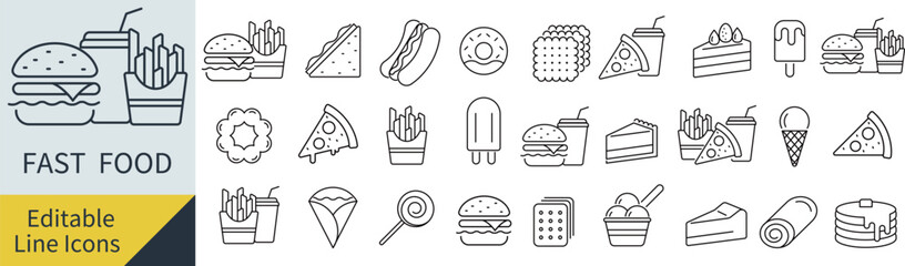 線の編集ができるベクターのファストフードのアイコンセット（アウトライン化していない）