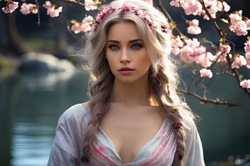 Fototapeta premium Enchanting woman with flower crown in blooming garden