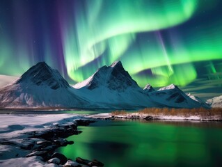 Breathtaking northern lights over snowy mountains