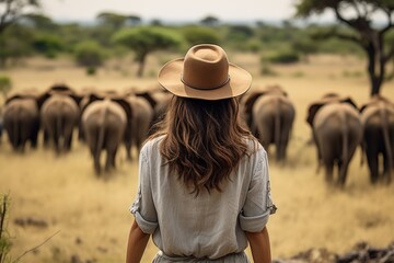 woman in safari outfit observing herd of elephants in savanna