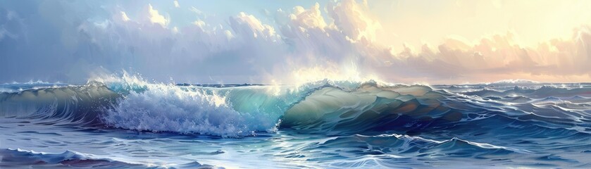 Experience the power of nature with a painting depicting a large wave in the ocean