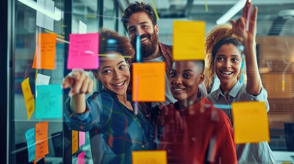 A diverse team of professionals joyfully collaborates using sticky notes on a glass wall in a vibrant, modern office. AIG41