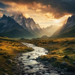 Dramatic mountain landscape with stream at sunset