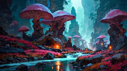 キノコの生えた風景,Generative AI AI画像