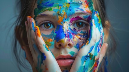 Girl with painted face and hands celebrates World Autism Awareness Day
