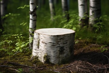A large birch tree stump sits in a forest - Powered by Adobe