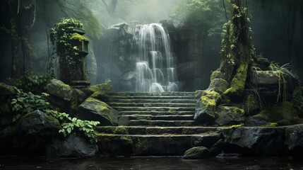 A waterfall is surrounded by moss and rocks, creating a serene