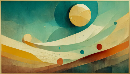 A textured painting of a blue sky with a large yellow sun and a few smaller circles