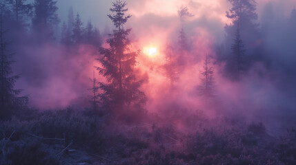 Naklejka premium sunrise and fog in the forest