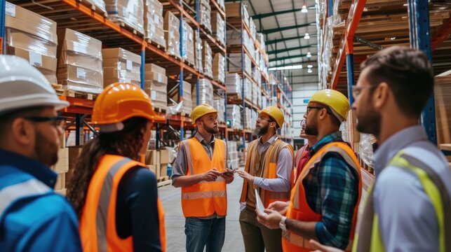 A team of warehouse workers in safety vests engage in a group discussion in a large modern logistics center. AIG41