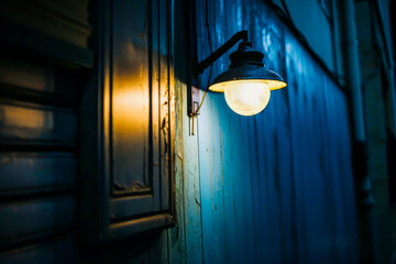 A light fixture is hanging from a wall. The light is on and the room is dark