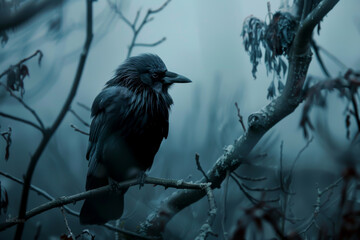 Naklejka premium A black crow is perched on a branch in a dark forest. Scene is eerie and mysterious, as the bird is alone in the woods and the darkness adds to the sense of isolation