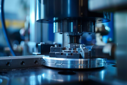 A machine is in the process of creating a metal object. Concept of precision and focus, as the machine is carefully crafting the object. The blue and silver colors of the machine