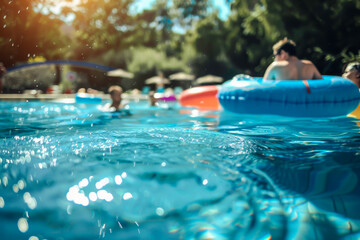 Obraz premium A group of people are in a pool with a blue and red float. Scene is fun and lighthearted