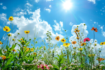 A field of flowers with a bright blue sky in the background. The sun is shining brightly, making the flowers look even more vibrant. Scene is cheerful and uplifting