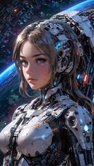 アニメ風女性アンドロイド縦イラスト,Generative AI AI画像