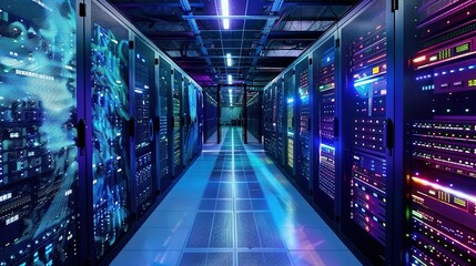 Data center rack server on server room, server room security, data center server, web host warehouse data server cabinets network storage database.