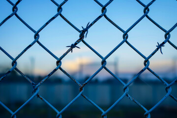 Fototapeta premium A fence with barbed wire on it. The wire is bent and twisted. The sky is blue and the sun is setting