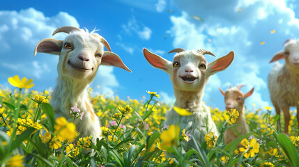 Cute Goats Gamboling in Green Meadows. Generative Ai - obrazy, fototapety, plakaty