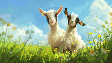 Cute Goats Gamboling in Green Meadows. Generative Ai - obrazy, fototapety, plakaty