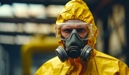 A man in a yellow protective suit with a gas mask on his face. He looks angry and is staring at the camera