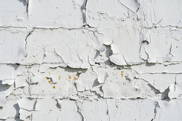 The wall is covered in peeling paint and has a rough texture. The white paint is chipping away, revealing the brick underneath. The wall appears to be old and worn, with a sense of decay