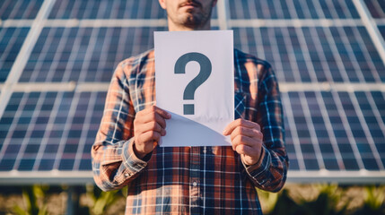 Man holding paper with question mark symbol on solar panel background