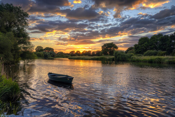 A boat is floating on a lake at sunset. The sky is filled with clouds and the sun is setting. The water is calm and peaceful