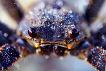 A close up of a crab with its eyes open and water droplets on its face. The crab appears to be in a natural setting, possibly near a body of water. Concept of curiosity and wonder