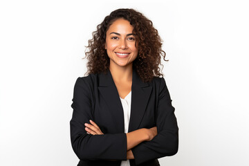 Portrait of a businesswoman wearing a suit, standing with her arms crossed on a white background.