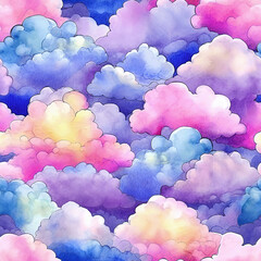 Watercolor clouds blue pink sky kids seamless pattern