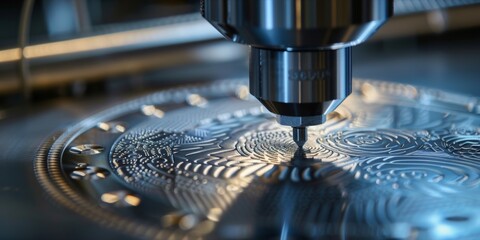 A designer carefully etching elegant patterns onto the surface of a gleaming metal particle detector adding a touch of aesthetic beauty to its practical design.