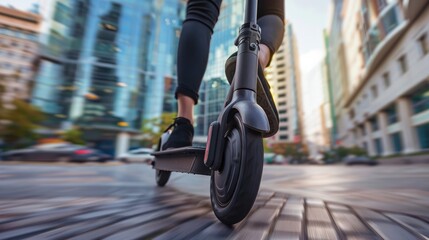 Close up of woman riding black electric kick scooter at cityscape, motion blur - Powered by Adobe