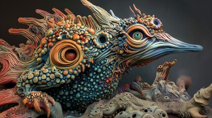 Fototapeta premium Craft a clay sculpture of a fantastical, dystopian creature emerging from the depths, viewed from a worms-eye perspective, with intricate details and vibrant colors to highlight the blend of surrealis