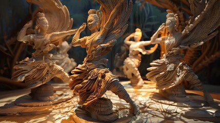 Transform traditional clay sculpture representations of cultural festivals into a mesmerizing 3D CG rendering with a dynamic interplay of virtual reality features