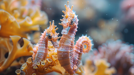 Vivid Seahorse Gliding Through Coral Reefs: Underwater Majesty. Generated by AI