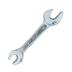 Wrench on a white background. Watercolor illustration in children's style, hand-drawn. Blank for postcards, puzzles, diagrams. Wrench, tool, repair, mechanism, cartoon, children, kids, boy, toys