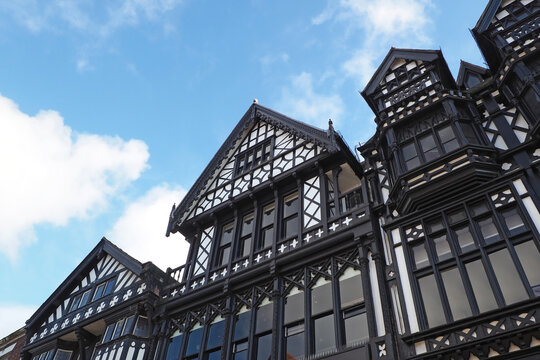 Typical old half timbered black and white tudor, jacobean style buildings in Chester England