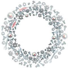 Round frame, double layer, made of hand-drawn watercolor elements. Gears, bolts, nuts, wrench, screwdriver, speedometer