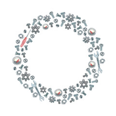 Round frame made of gears, bolts, nuts. Robotics, machines, repair.
Watercolor illustration, hand drawn.